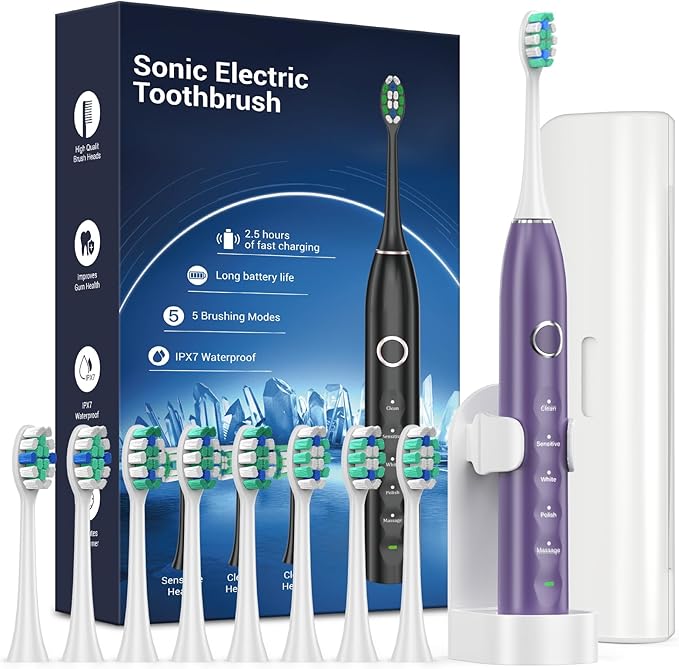 Rtauys S5 Sonic Electric Toothbrush for Adults with 8 Brush Heads, IPX7 Travel Electric Toothbrush with Travel Case, 2.5 Hours Charge for 120 Days, 5 Modes with 2 Minutes Built in Smart Timer Purple