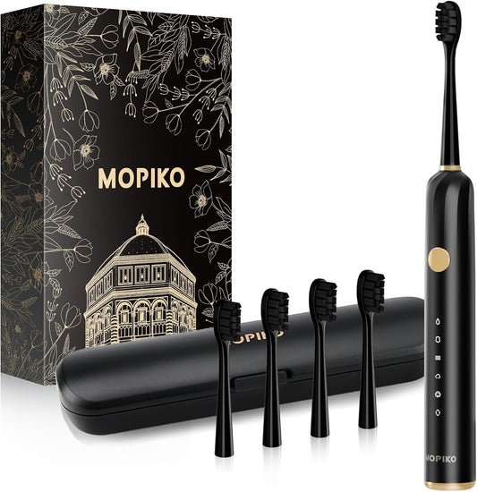 Sonic Electric Toothbrush for Adults - 6 Modes Rechargeable Electric Toothbrush with 4 Replace Brush Heads, Power Sonic Toothbrush with Travel Case, Ideal Gift for Men Women, Black