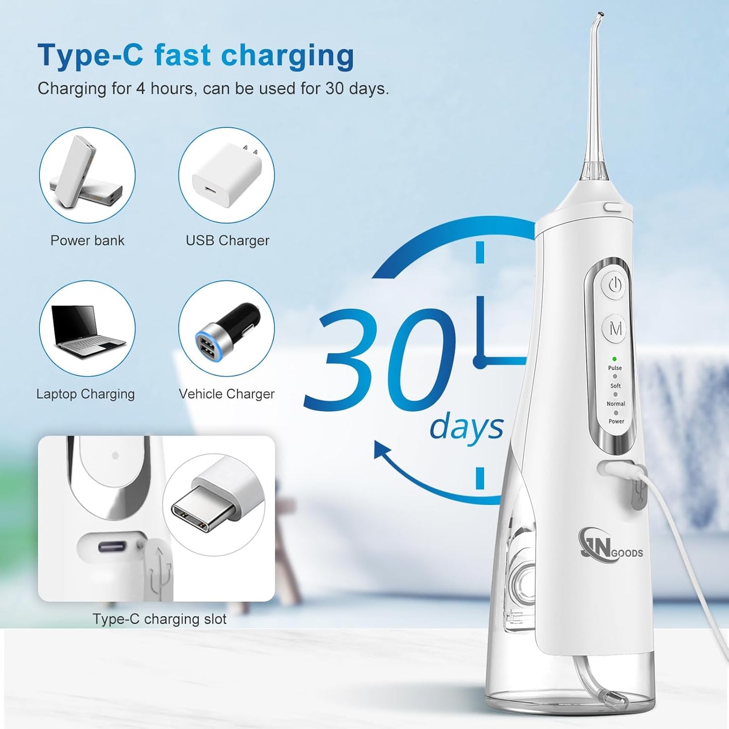 Cordless Water Dental Flosser Oral irrigator,JNGOODS 310ml Rechargeable Water flosser for Teeth IPX7 Waterproof 4 Modes Portable Oral Irrigator with 4 Jet Tips,Travel Home use (White)