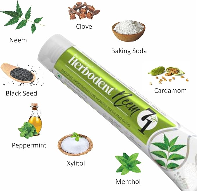 Herbodent® NEEM 7 in 1 Toothpaste-6.53Oz Pack of 6 | Organic Herbs-Neem, Black Seed & Xylitol for Anti Cavity, Cardamom & Mint for Freshness, Baking Soda for Great Cleaning-No Fluoride & No Paraben