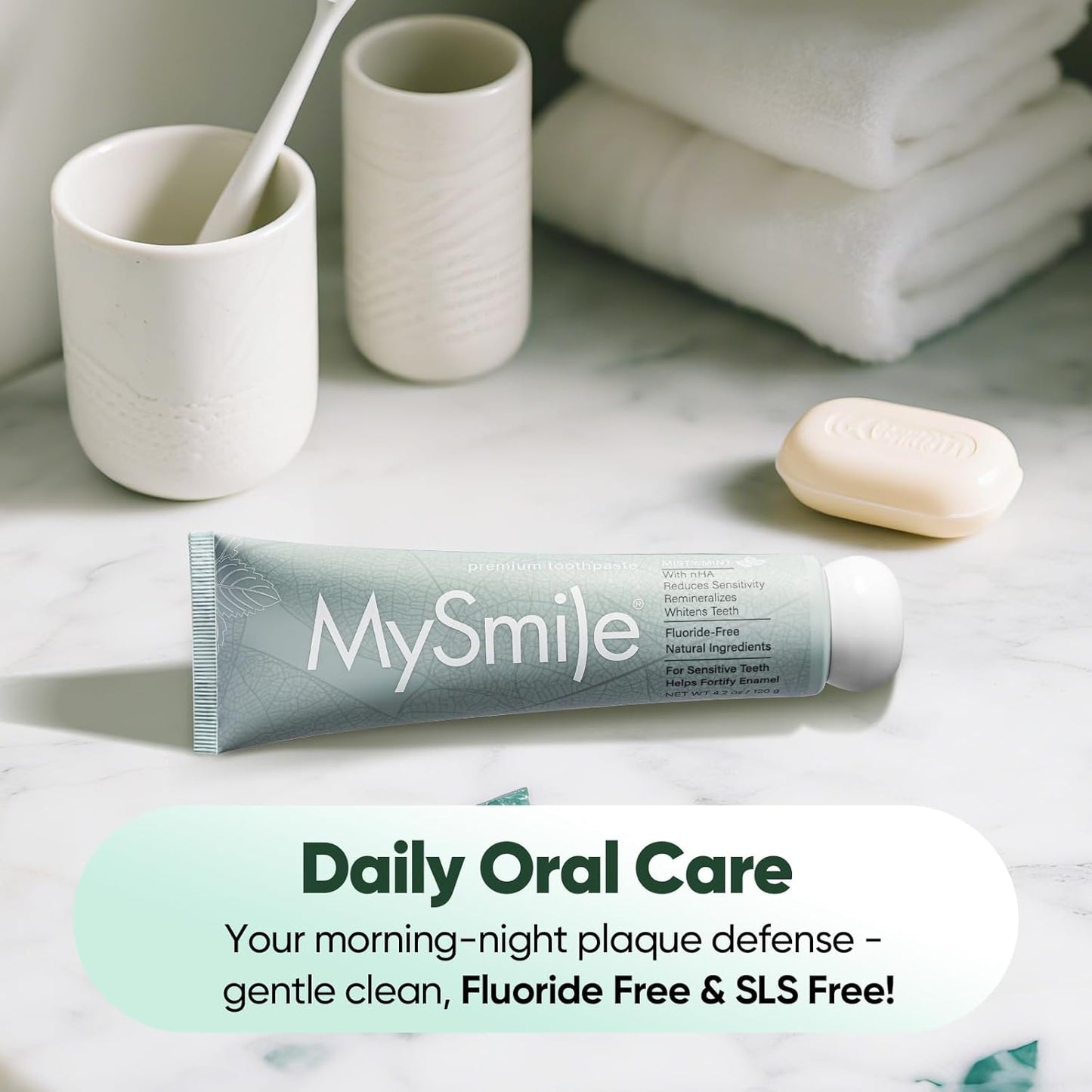MySmile Fluoride Free Nano Hydroxyapatite Toothpaste for Sensitive Teeth, Strengthens Enamel, Remineralizes & Whitens Teeth, Freshens Breath for Adults, SLS Free, Natural Misty Mint, 4.2 oz, 2 Pack