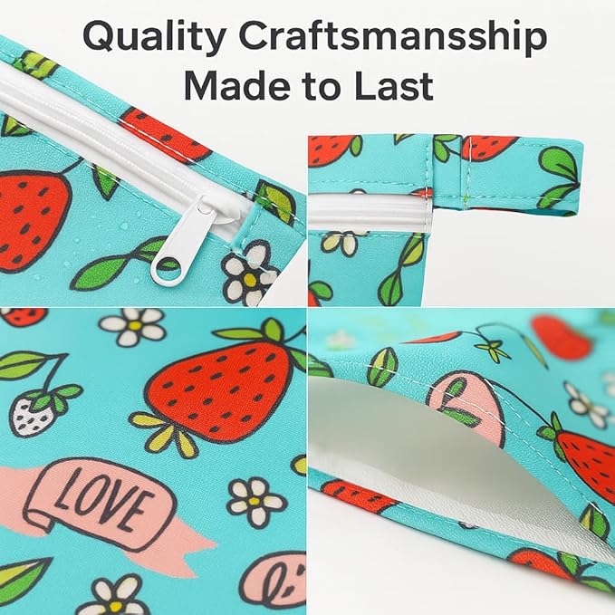 Waterproof Wet Dry Bag, Reusable Diaper Pouch with Zipper, Machine Washable Travel Organizer for Beach, Daycare, Kids, Dinosaur Pattern (Strawberry)