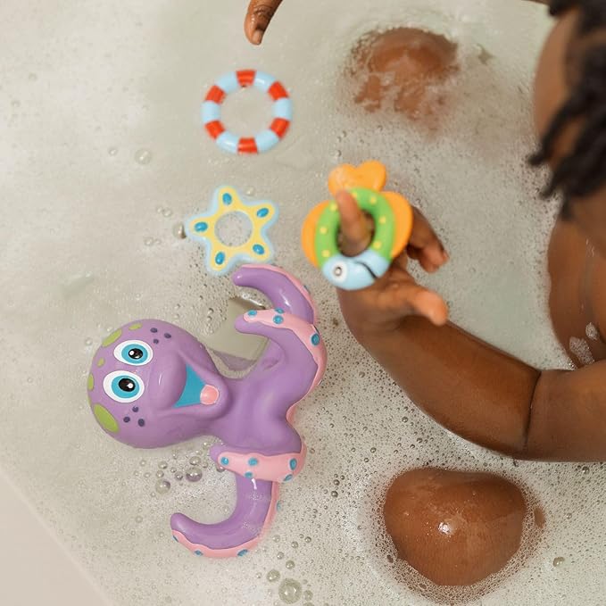 Nuby Floating Octopus with 3 Hoopla Rings - Baby & Toddler Bath Toy - No Hole Design Keeps Moisture Out - Fine Motor Skills - 18+ Months - Great Baby Pool Toys