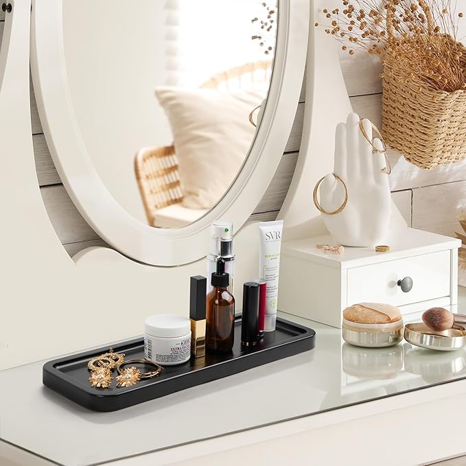 LotFancy Bathroom Decor Box and Vanity Tray, Set of 2, Wooden Toilet Tank Basket Topper, Bathroom Tray for Counter, Black Farmhouse Bathroom Decor