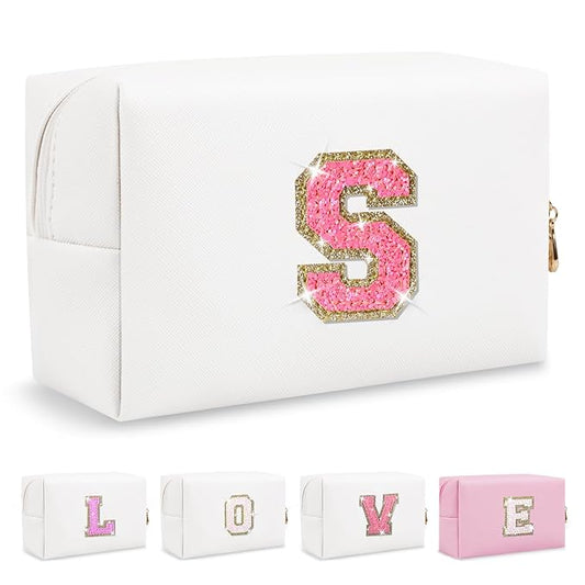 Small Personalized Initial A-Z Patch Makeup Bag,White Cute PU Leather Glitter Letter Cosmetic Bag for Teen Girls,Travel Toiletry Bag with Zipper,Preppy Monogrammed Birthday Gift for Daughter Niece S