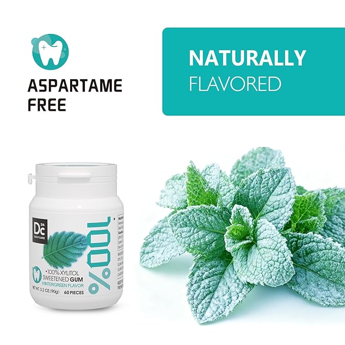 DC24 DAILY CARE Xylitol Gum without Aspartame, Sugar Free Chewing Gum for Cavities, Natural Wintergreen Flavor, Gluten Free, Vegan, 60 Pieces, Pack of 2