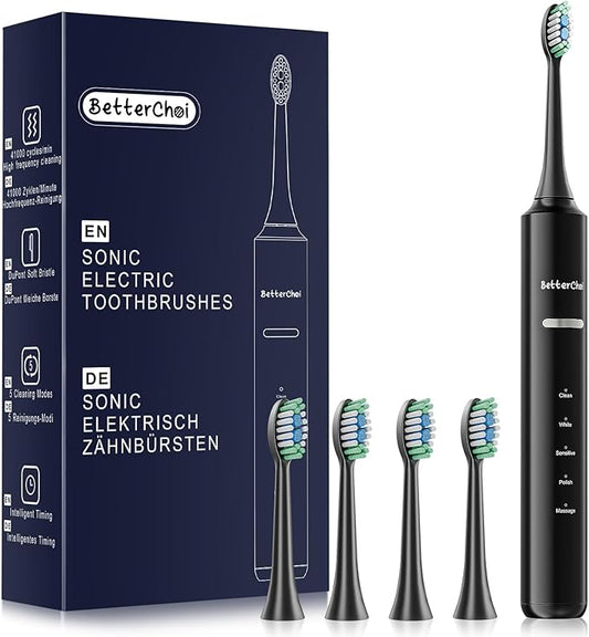 Betterchoi Sonic Electric Toothbrush for Adults, USB Rechargeable Toothbrush - 41,000 VPM Maglev Motor - 4 Brush Heads - IPX7 Waterproof, 180-Day Battery Life, 5 Cleaning Modes & Smart Timer, Black