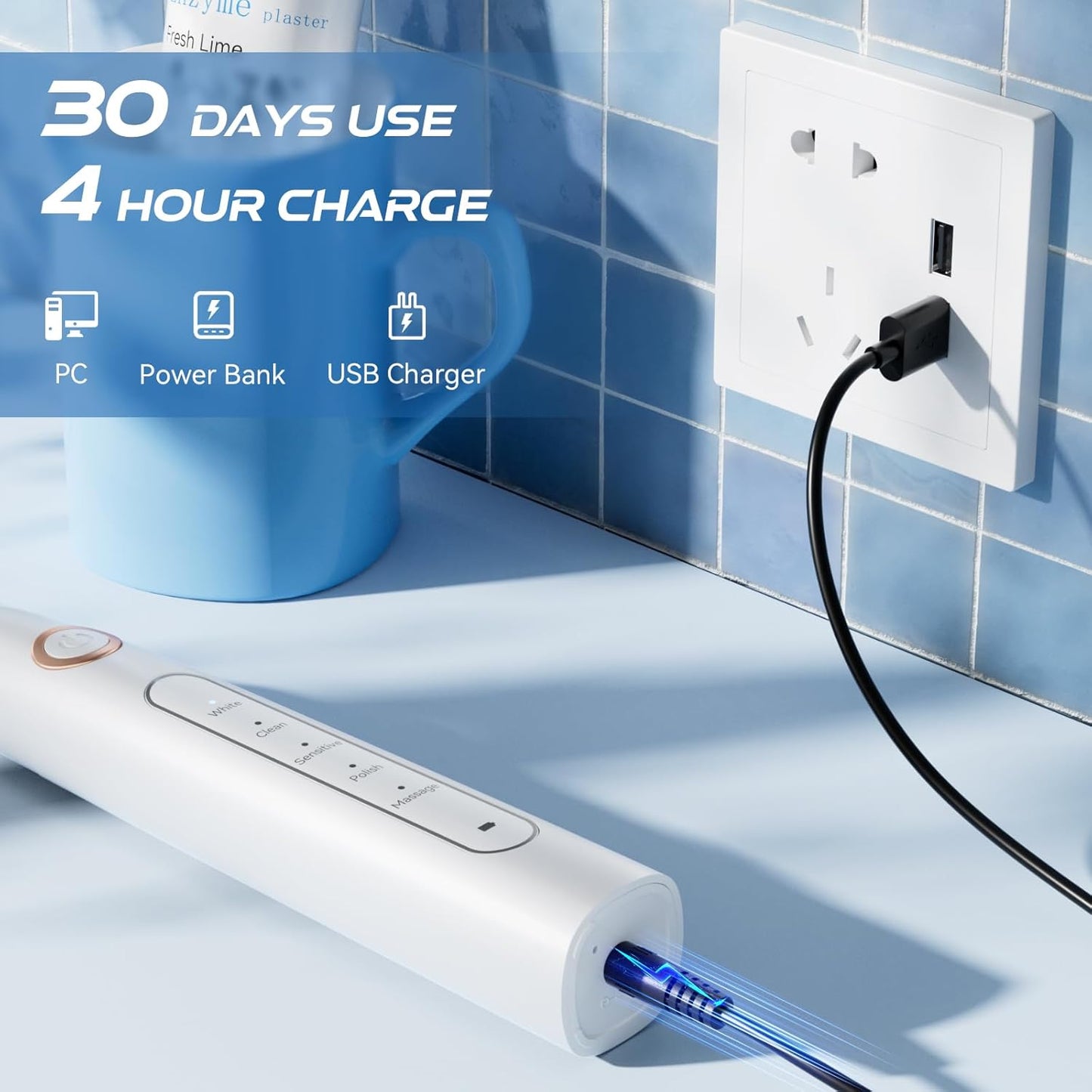 YUNCHI Electric Toothbrush for Adults & Kids, Rechargeable Electric Toothbrush with 8 Brush Heads, 5 Modes & 2 Minutes Smart Timer, Waterproof, One Charge for 30 Days, White