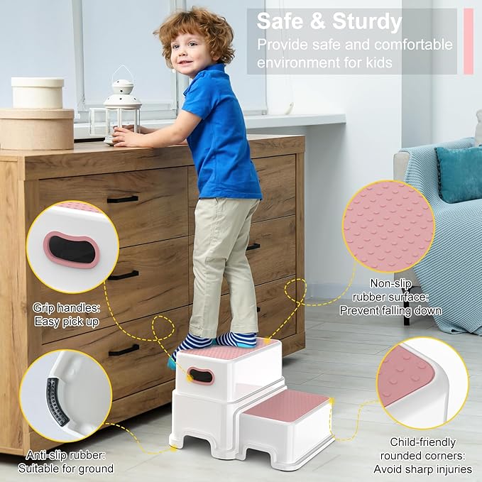 Victostar 2 Step Stool for Kids, Anti-Slip Sturdy Toddler Two Step Stool for Toilet Potty Training, Bathroom,Kitchen (Pink)