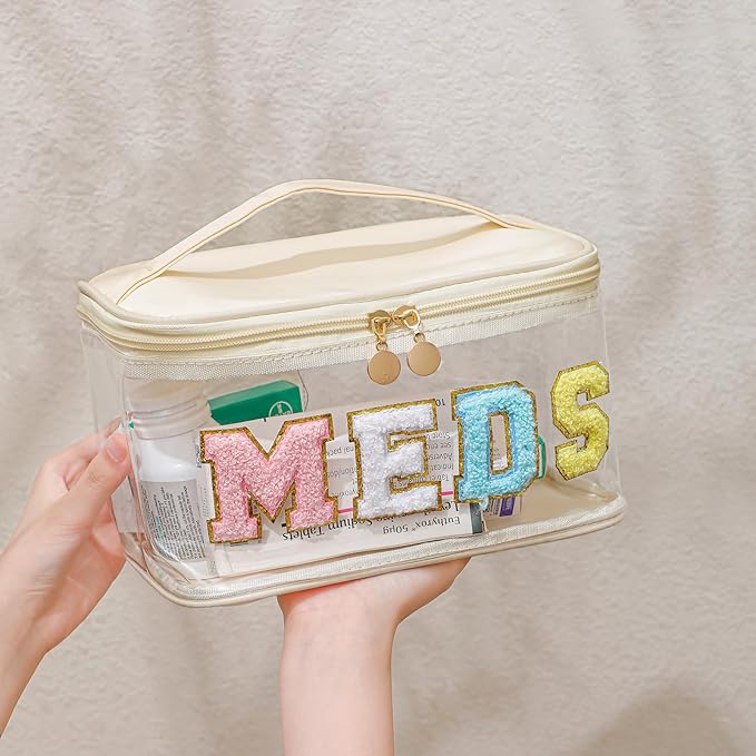 Large Waterproof Chenille Letter Medicine Clear Makeup Bag, Transparent PVC Nylon Preppy Patch Cosmetic Bag with Handle, Portable Meds First Aid Travel Organizer Cosmetic Bag (06MEDS- Beige)
