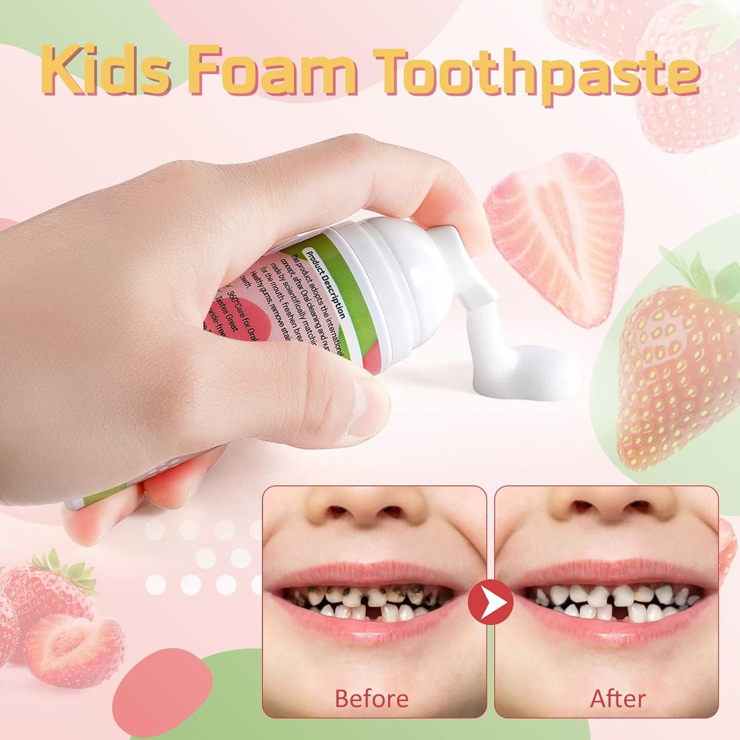 Foam Toothpaste Kids, Kids Mouthwash with Fruit Flavor - Toddler Toothpaste Age for Children,360ºCare Natural Anti-Cavity Formulas with Fluoride for Electric & U-Shape Toothbrushes