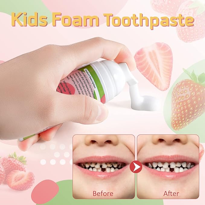 Foam Toothpaste Kids, Kids Foam Toothpaste, Toddler Toothpaste with Low Fluoride for U Shaped Toothbrush, Children Oral Cleaning for Ages 3 Plus (2PCS, Watermelon+Blueberry)