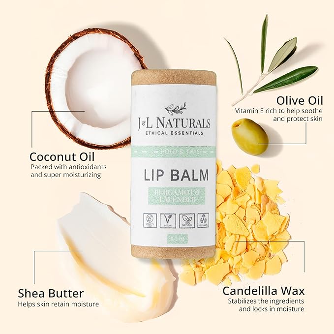 J&L Naturals Sustainable Lip Balm | Organic Ingredients, 100% Natural, Eco-Friendly | Cruelty Free, Vegan, Paraben Free, Silicone Free (Bergamot & Lavender, Single)