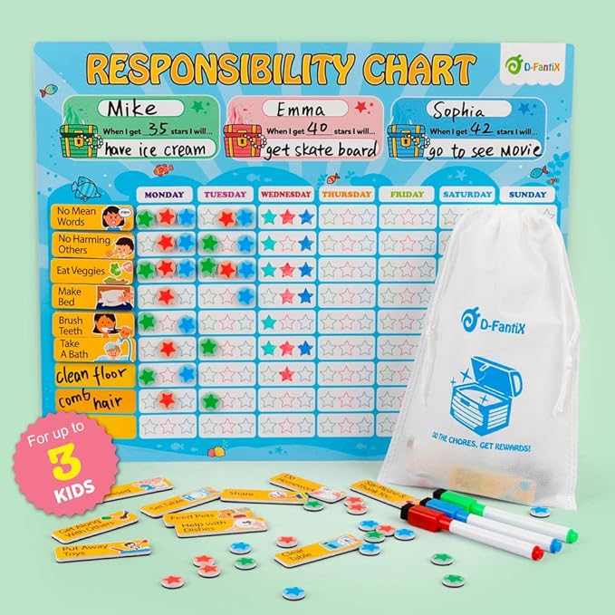 D-FantiX Magnetic Responsibility Chart, Chore Chart for Multiple Kids, My Star Reward Chart Daily Routine Good Behavior Charts Dry Erasable for Toddlers at Home