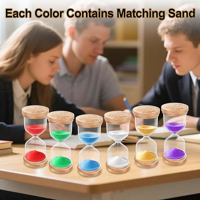 Sand Hourglass Timer Set: 1/3/5/10/15/30 Minutes Sand Clock, Colorful Wooden SandWatch Hour Glass, Small Sandglass Timer for Classroom, Home Decorative, Games (6 pcs)