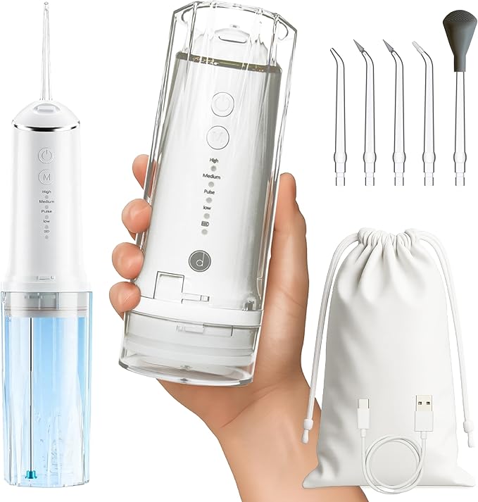 Portable Water Flosser for Teeth Cleaning – Travel Size, Compact & Cordless Water Flosser with UV Sterilizer, 5 Nozzles, 4 Pressure Modes, USB-C Rechargeable Dental Tool for Home or On-The-Go Use