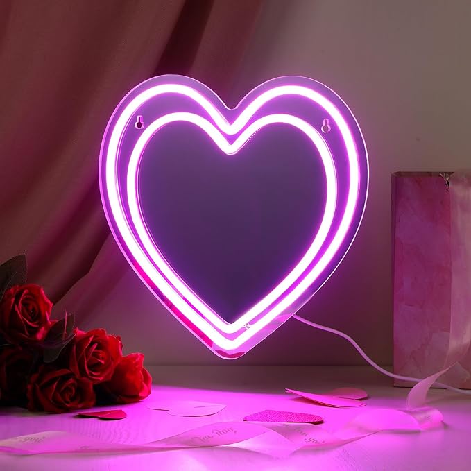 Heart Mirror Neon Sign Powered LED Light Pink 12" x 12" Decorative Wall Mirror Love Acrylic Mirrors Wall Art Decor Girl's Make-up for Christmas Party Gift Dorm Beauty Salon Room Decor