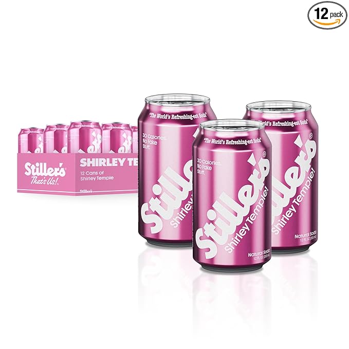 Stiller’s Shirley Temple Soda – 12 Pack Cans – Sparkling Cherry Lemon Lime Mocktail Drink – Low Sugar, Caffeine-Free, Natural Soda Pop with Real Cane Sugar, Stevia & Vitamins – Alternative to Diet Soda