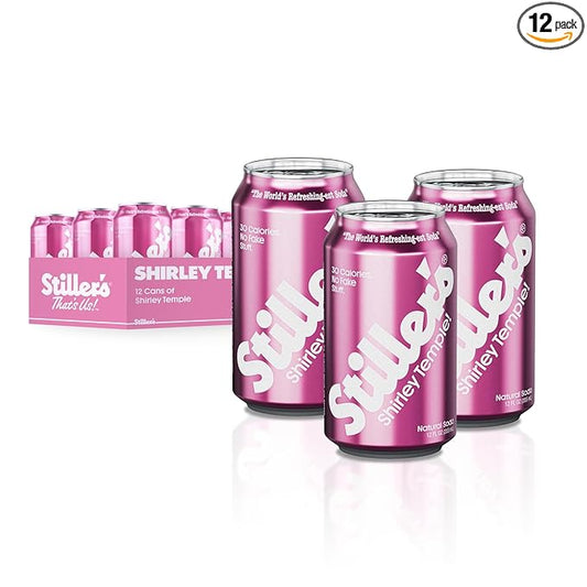 Stiller’s Shirley Temple Soda – 12 Pack Cans – Sparkling Cherry Lemon Lime Mocktail Drink – Low Sugar, Caffeine-Free, Natural Soda Pop with Real Cane Sugar, Stevia & Vitamins – Alternative to Diet Soda