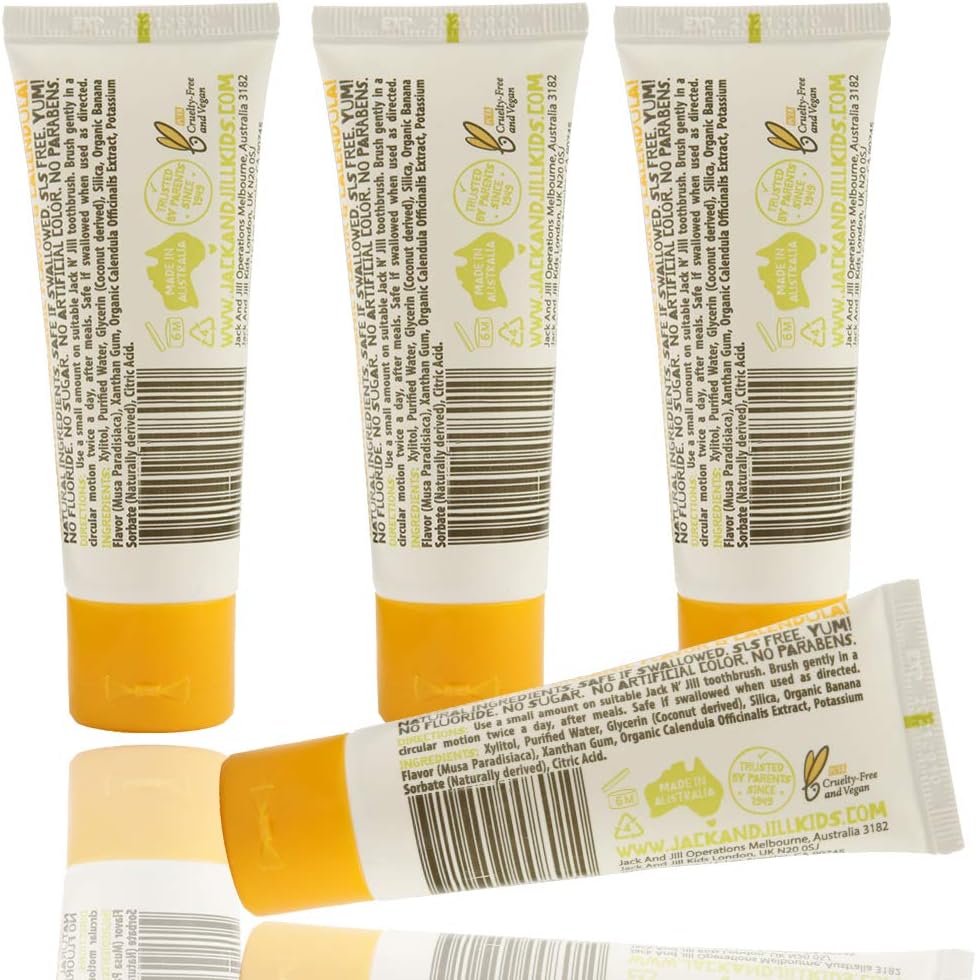 Jack N' Jill Natural Toothpaste for Baby and Infants - Fluoride Free Training Toothpaste, 40% Xylitol, BPA Free - Banana, 1.76 oz (Pack of 4)