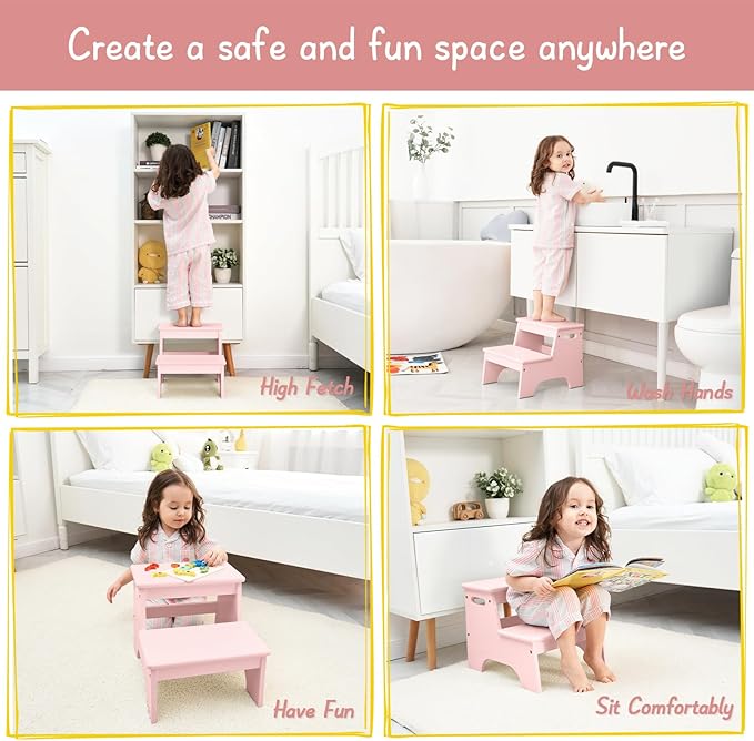 Forbena Pink Girls Toddler Step Stool for Bathroom Sink, Princess Toddler Two Step Stool for Toilet Potty Training, Baby Child Kids Stepping Stool with Handles for Bedroom Classroom Kitchen (Pink)