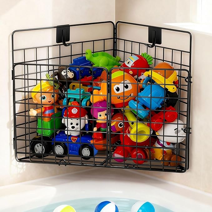 Large Corner Bath Toy Storage, Metal Bathtub Shower Toy Holder, Foldable bath Tub Toy Organizers Black, Bathroom Toy Storage with Drainage for Sorting Toys/Clothes/Toiletries