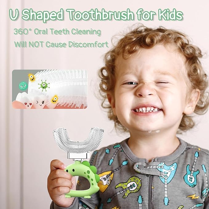 U Shaped Toothbrush - for Kids, Manual Whole Mouth Toddler Toothbrush Age 2-4 5 6 & up,Food Grade Soft Silicone Brush, 360° Oral Teeth Cleaning, Good for Dental Health, 2 Green