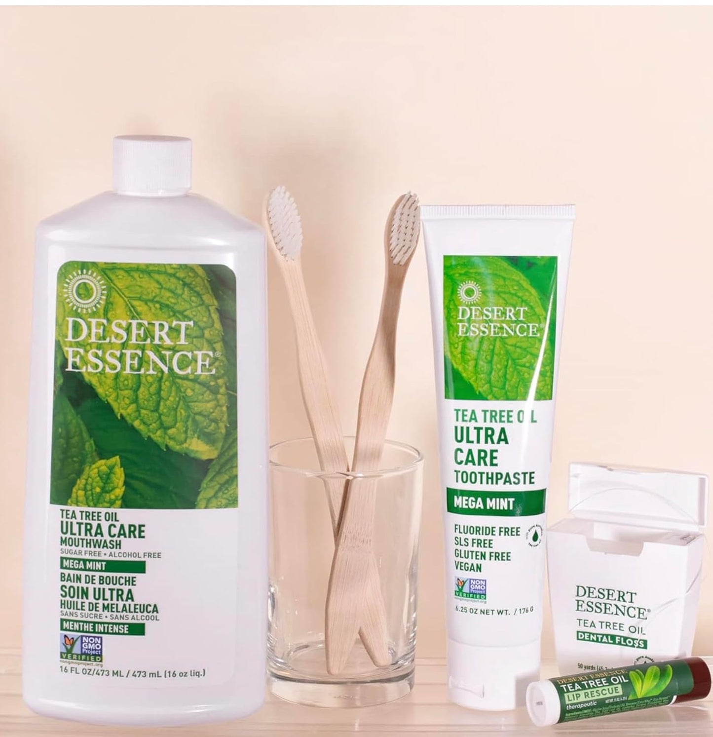 Desert Essence Natural Tea Tree Oil Ultra Care Mouthwash - Mega Mint - 16 Fl Oz - Freshens Breath - Defends Against Sugar Acids - Vitamin C - Soothes Gums - Whitening Floss - Removes Food Debris