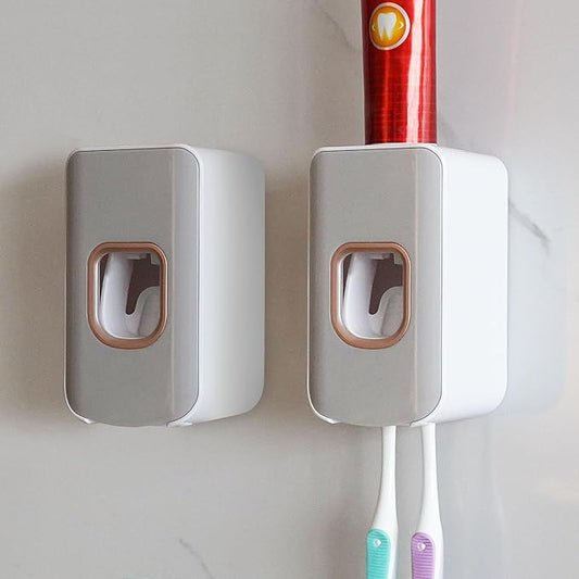 2 Slot Toothbrush Holder and Toothpaste Dispenser Wall Mounted, Automatic Toothpaste Squeezer, 2 in 1 Tooth Brush Toothpaste Organizer for Shower (Light Grey 2pack)