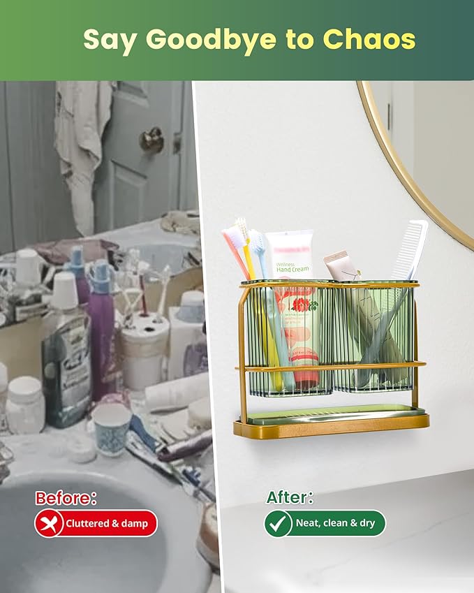 KONE Green Toothbrush Holders for Bathrooms, 2 Cups Toothbrush Holders Wall Mounted, Dry & Wet Separation, Bathroom Organizers and Storage, Bathroom Toothbrush Holder Set for Family Kids