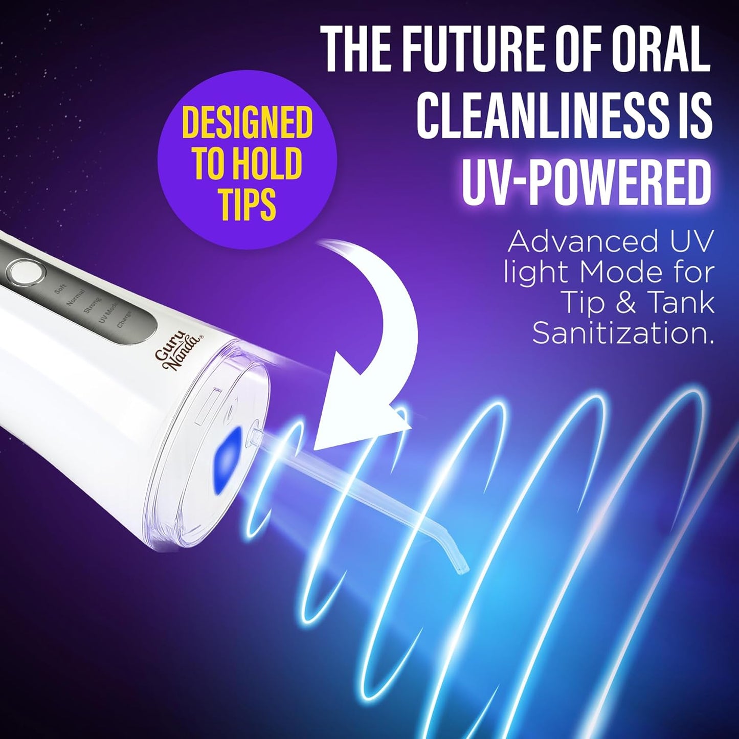GuruNanda Advanced Dental Water Flosser 3.0 with UV Mode Water Flosser & 24 Aquapods with Mouthwash for Fresh Breath & Plaque Removal, Compact & TSA-Approved