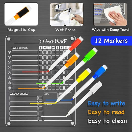 PigPotParty 3 Pack Acrylic Magnetic Kids Chore Chart for Multiple Kids & Family on Fridge – 9.5"x12" Weekly Dry Erase Chore Board with 12 Fine Point Colorful Markers & 1 Towel