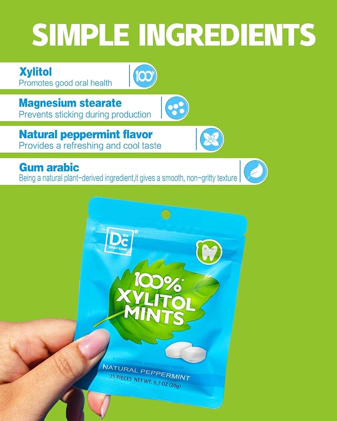 DC24 DAILY CARE 100% Xylitol Mints | Aspartame Free, Sugar Free, Vegan, Gluten Free & Keto Friendly | Natural Peppermint Flavored Mints, 25 Piece-Pack, 4 Packs