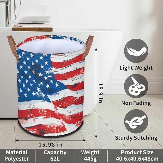 62L Flag Laundry Basket for Clothes Books Toys Adult Kids Rotundity Laundry Hampers Bin for Bathroom Kitchen Hotel