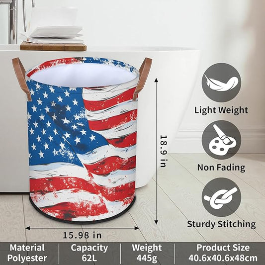 62L Flag Laundry Basket for Clothes Books Toys Adult Kids Rotundity Laundry Hampers Bin for Bathroom Kitchen Hotel