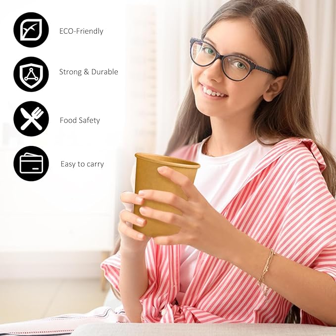 1000 Pack 8 oz Paper Cups, Brown Kraft Disposable Paper Coffee Cups, Unbleached Paper Cups for Hot/Cold Beverage Party, Picnic, Travel, and Events.