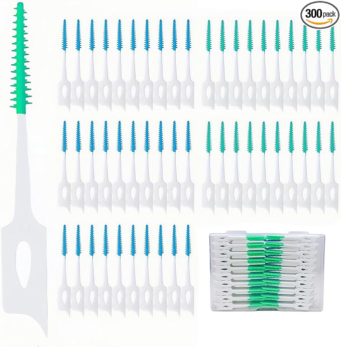 300 Pieces Dual-Use Interdental Brushes Soft Silicone, Disposable Dental Picks,Premium Dental Floss Picks for Effective Teeth Cleaning(200pcs Green+100pcs Blue)