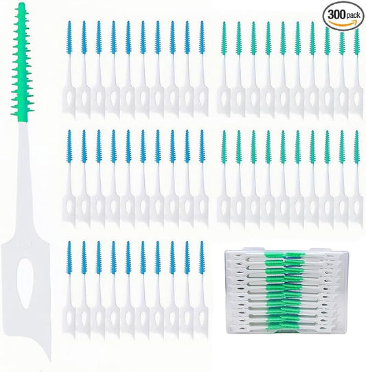 300 Pieces Dual-Use Interdental Brushes Soft Silicone, Disposable Dental Picks,Premium Dental Floss Picks for Effective Teeth Cleaning(200pcs Green+100pcs Blue)