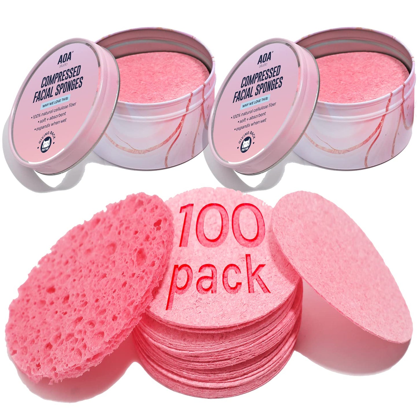 AOA Studio 100-Count Compressed Facial Sponges 100% Natural Cosmetic Spa Sponges for Facial Cleansing, Exfoliating Mask, Remove for Makeup, Dead Skin, and Dirt (100 counts, Pink)