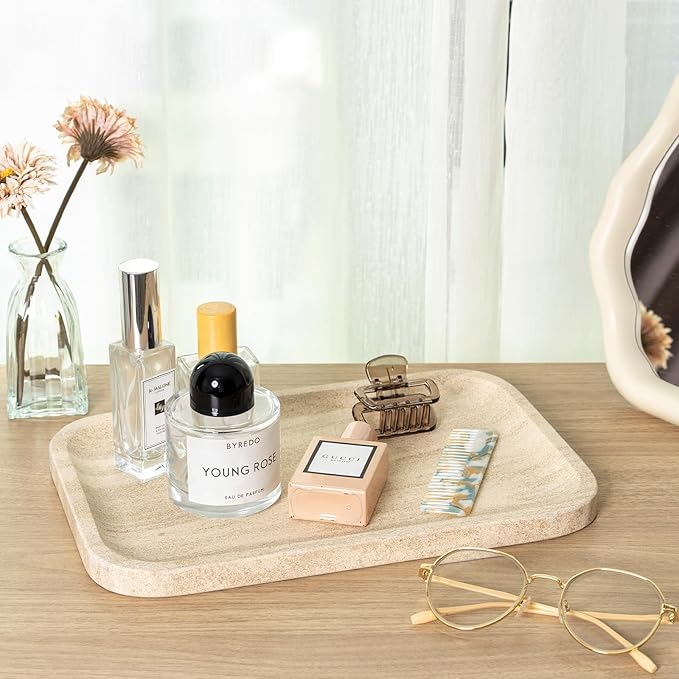 Marble Vanity Tray, Bathroom Tray Countertop, Decorative Dresser Organizer, Perfume, Jewelry Holder, Beige Stone Serving for Kitchen Sink Storage(MOCA Cream)