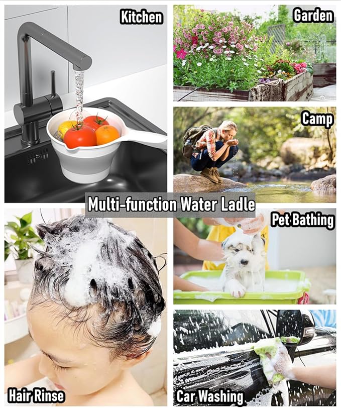 Collapsible Plastic Water Ladle Folding Scoop for Bath Soaking Cleaning, Portable Water Pourer Dipper Spoon for Camping Travel, Small Shower Bucket Basin Tub Rinse Cup Mug for Hair Washing, Gray