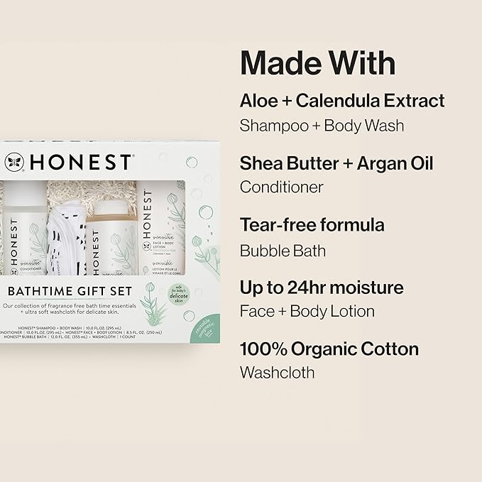 The Honest Company Fragrance Free Bathtime Gift Set | Hypoallergenic Bath Essentials for Sensitive Skin | Shampoo + Body Wash, Face + Body Lotion, Bubble Bath, Conditioner, Wash Cloth