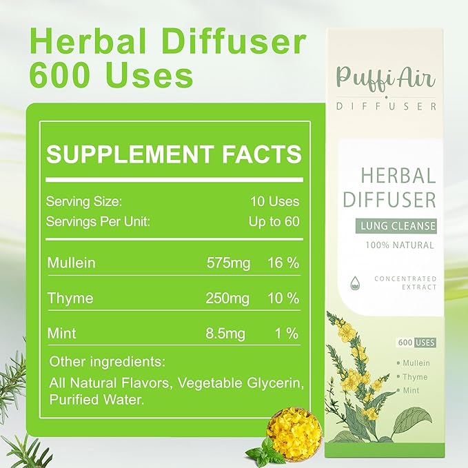 Herbal Diffuser Pen with Extracts of Mullein/Thyme/Mint 600 Uses and Nasal Stick Pure Mullein & Mint Extract丨 Boost Focus, Reduce Fatigue & Stuffy Noses Instant Refreshment