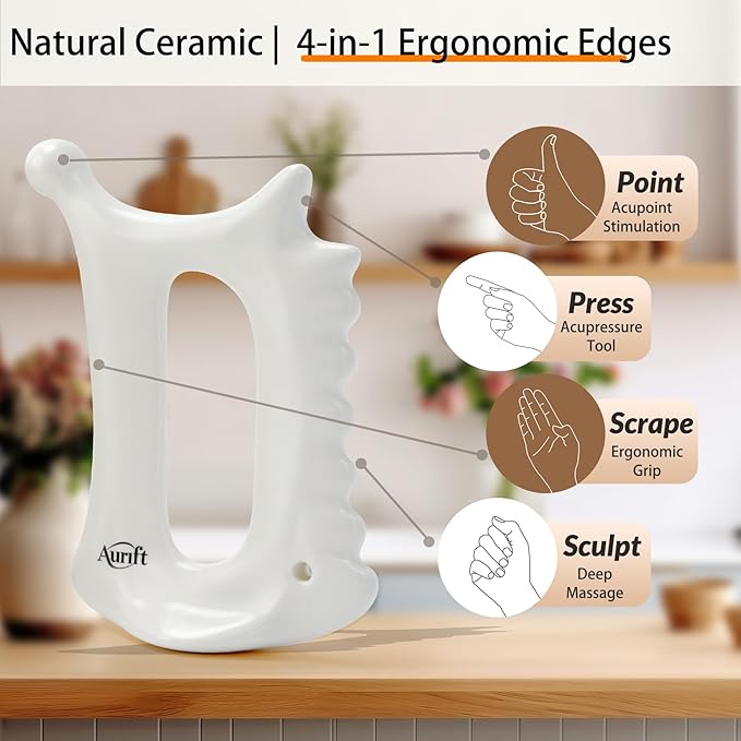Ceramic Gua Sha Tool for Face & Body, Christmas Gifts for Adults Mon, 6 in 1 Facial Massage, Lymphatic Drainage, Jaw Lifting, Puffiness Care, Neck Massage for Stress Relief - Home Self Care, White