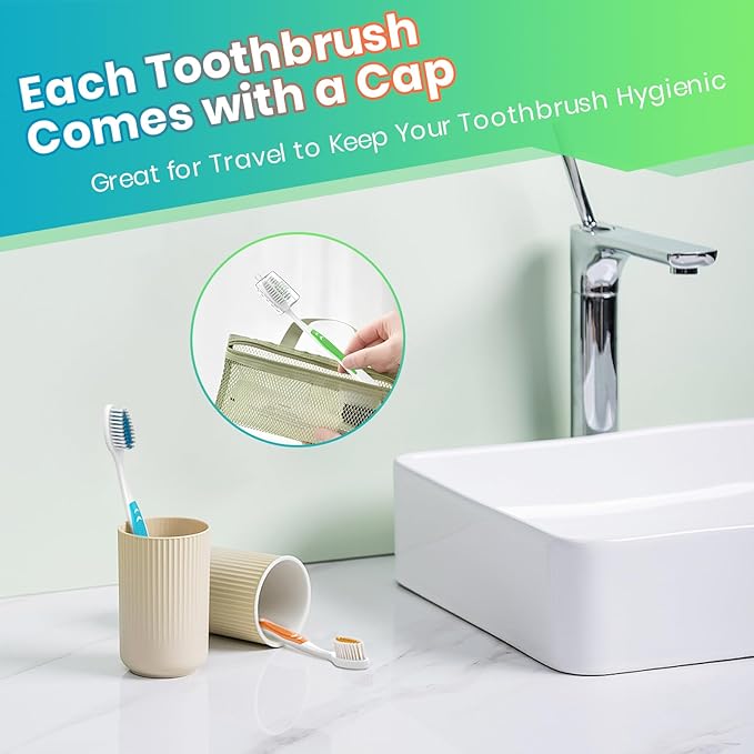100 Bulk Toothbrushes Pack with Covers, Individually Wrapped Tooth Brushes for Adults & Kids, Disposable Toothbrush for Travel, Donations, Hotels, Medium Soft Toothbrushes with Hygienic Cap