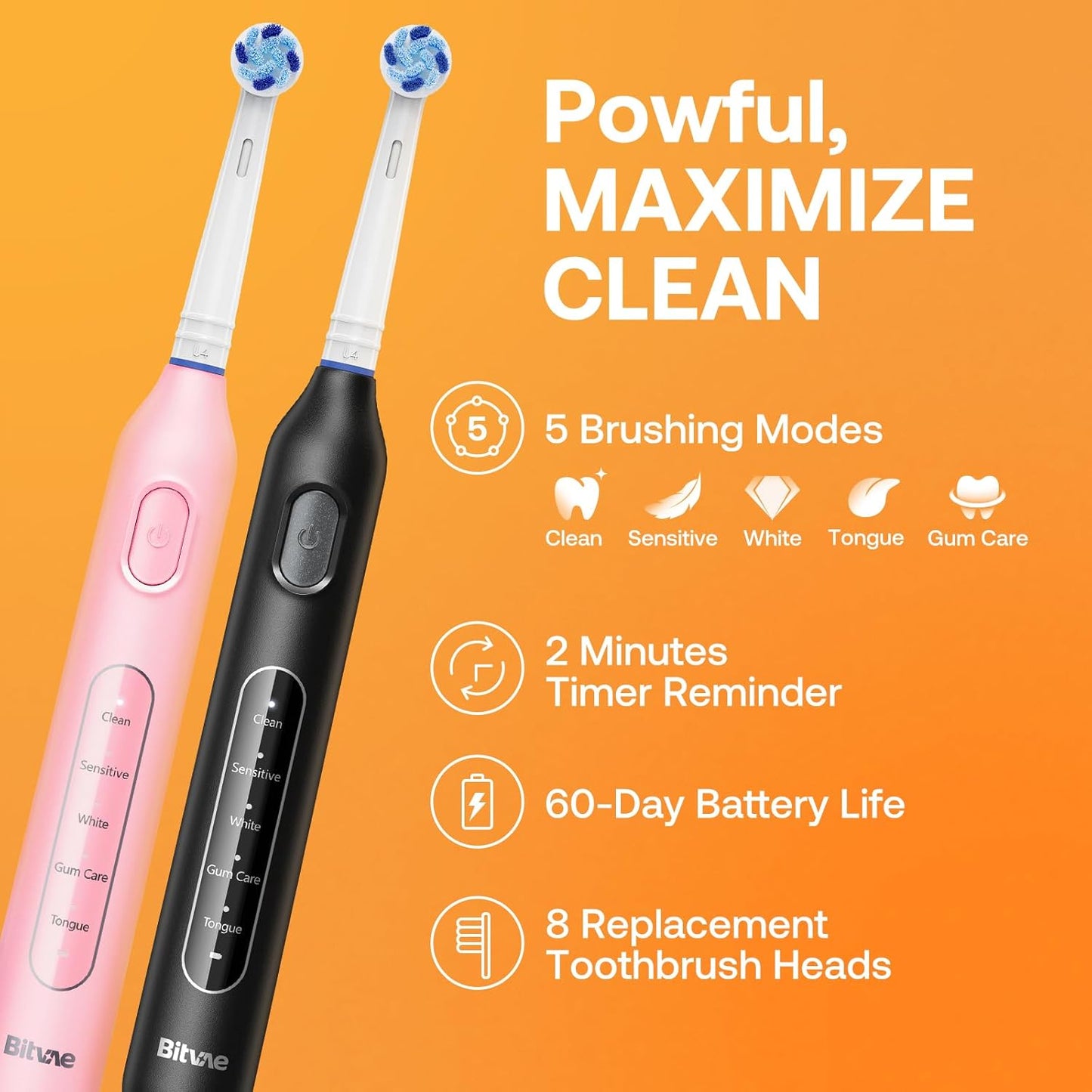 Bitvae Rotating Electric Toothbrush 2 Packs for Adults and Kids, 8 Brush Heads 60-Day Battery Life, 5 Modes Power Toothbrush with 2-Minute Smart Timer, Black & Pink, R1