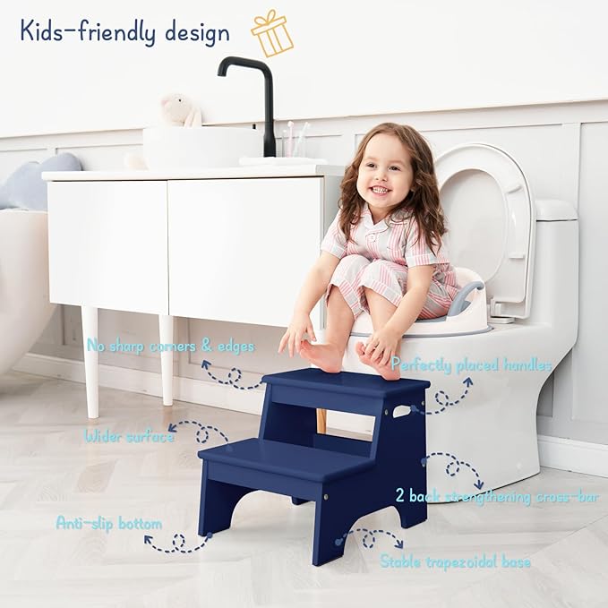 Forbena Navy Blue Step Stool for Toddlers Bathroom Sink, Baby Boys Toilet Toddler 2 Step Stool for Potty Training, Kids Children Double Up Stepping Stool for Kitchen Counter Closet Bedroom Bed (Blue)