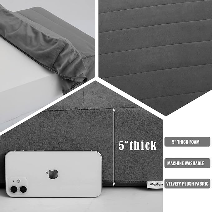 MeMoreCool Floor Pillow 22"x22" – Tufted Meditation Cushion with Foam Core, Grey Washable Cover & Handle | 5" Thick Firm Foam | for Adults, Kids, Yoga, Tatami, Pet Seating