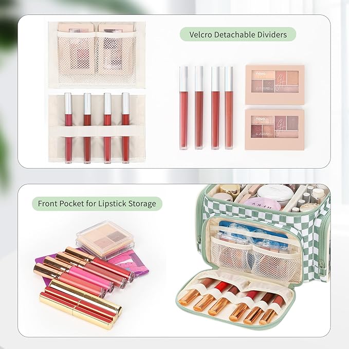 Large Checkered Makeup Bag, Portable Travel Makeup Bag Organizer for Women Girls with Makeup Brush Compartment & Two Side Pockets, Cosmetic Travel Bag Vertical Storage Toiletry Bag- Green1