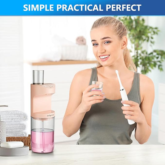 Automatic Mouthwash Dispenser for Bathroom,Bathroom Accessories 19.4 Fl Oz Dispensers with Magnetic Cups,Wall Mounted Dispenser,Suitable for All Age Groups,Pink